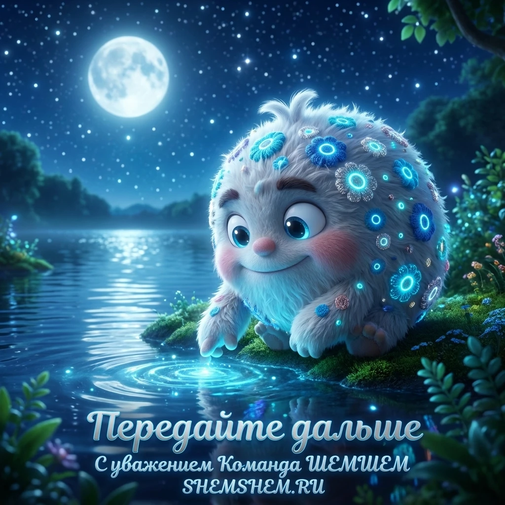 Пушистый Бламбуля у светящегося ночного озера под полной луной