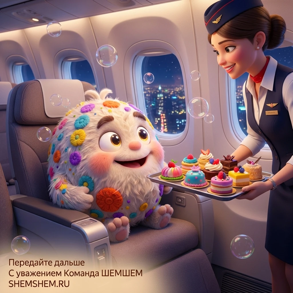 Бламбуля в самолете принимает угощения от стюардессы
