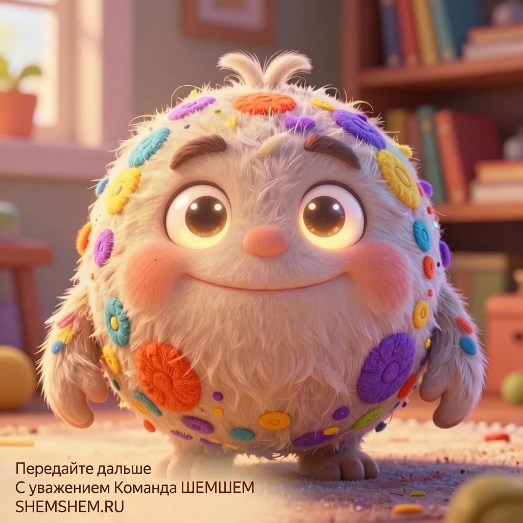 Пушистый сказочный герой Бламбуля с яркими пуговицами в уютной комнате