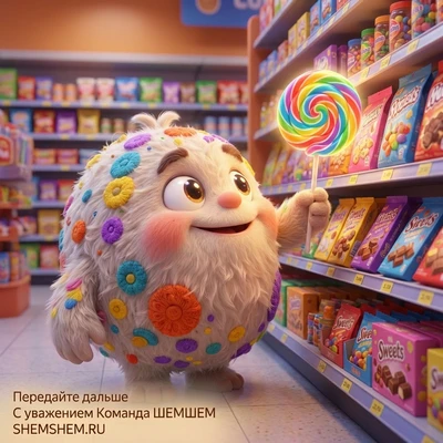 Пушистый Бламбуля в супермаркете с радужным леденцом