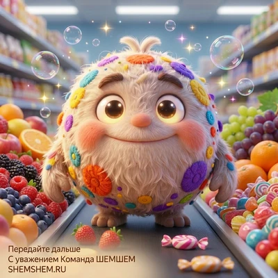 Пушистый Бламбуля в супермаркете на кассовой ленте