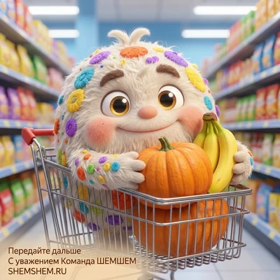 Бламбуля в тележке с тыквой и бананами