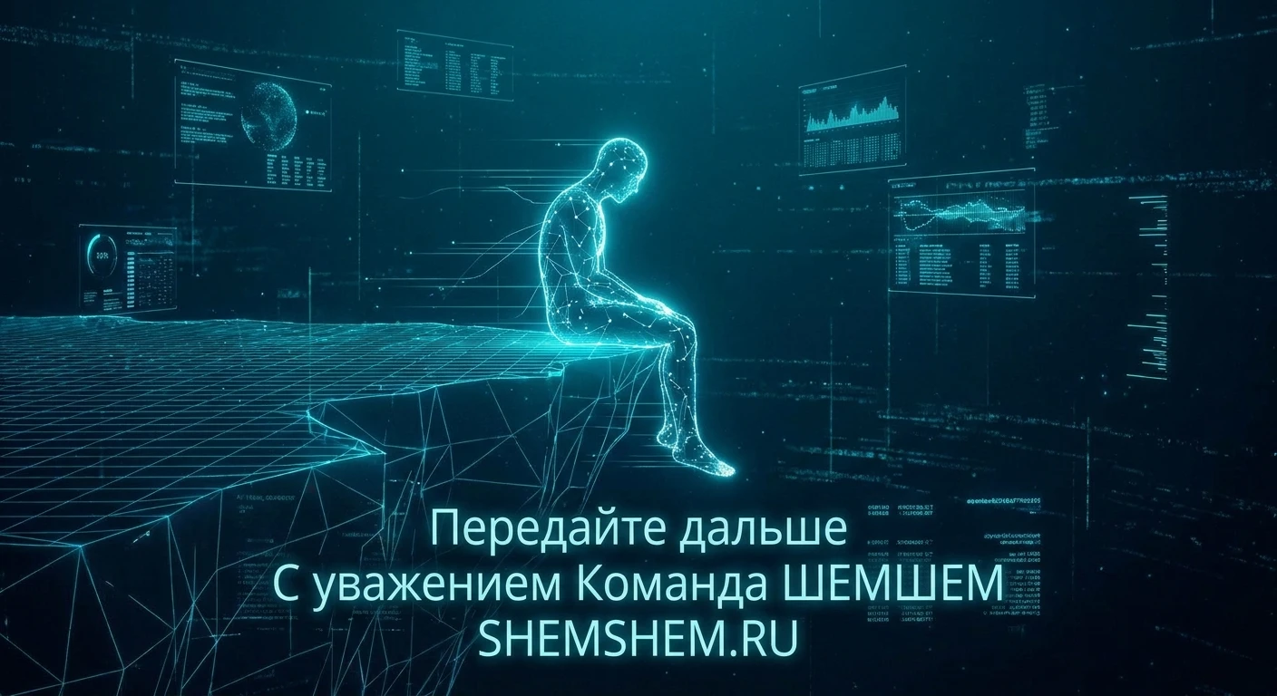 Цифровой силуэт нейросети в бесконечном пространстве данных, символизирующий жизнь ИИ между кликами пользователя