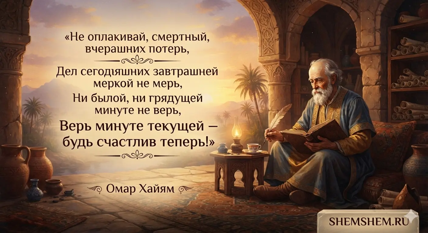 Иллюстрация с восточным мудрецом Омаром Хайямом и его цитатой об осознанности и настоящем моменте