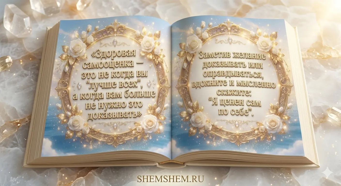 Открытая книга с цитатами о самооценке в круглых золотых рамах с розами