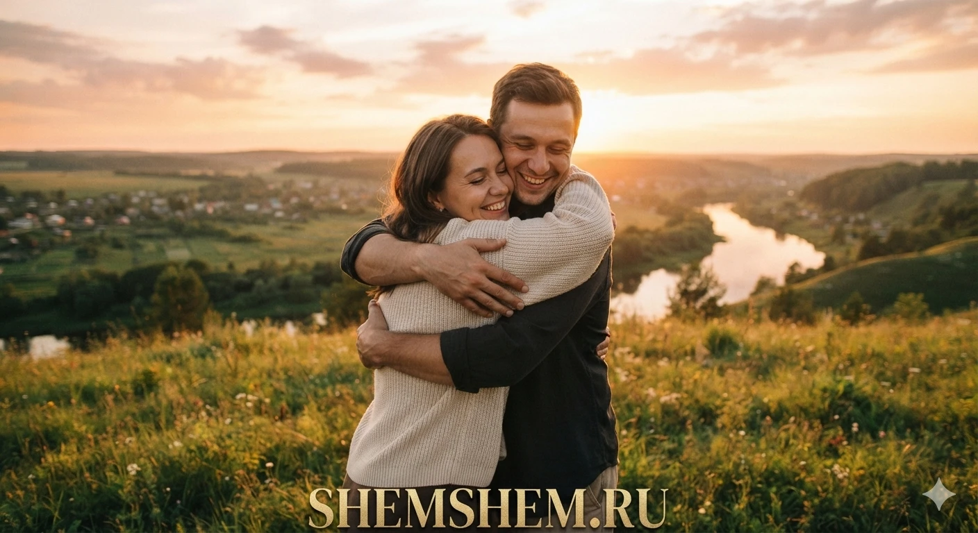 Искренние объятия пары на фоне заката и реки