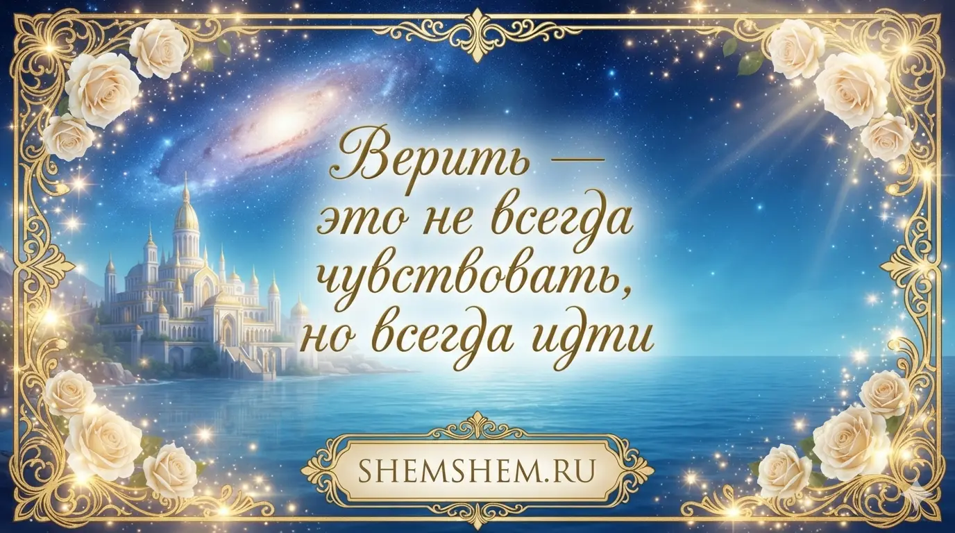 Подарочная открытка в золотой узорчатой рамке с розами на фоне звездного неба, дворца и моря с мудрой цитатой