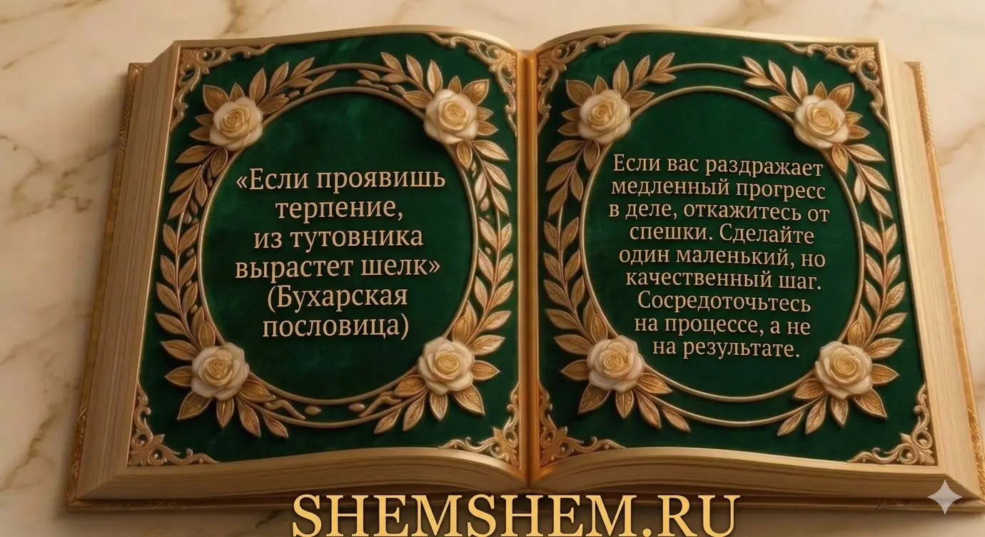Старинная открытая книга с бухарской пословицей о терпении на зеленом фоне с белыми розами