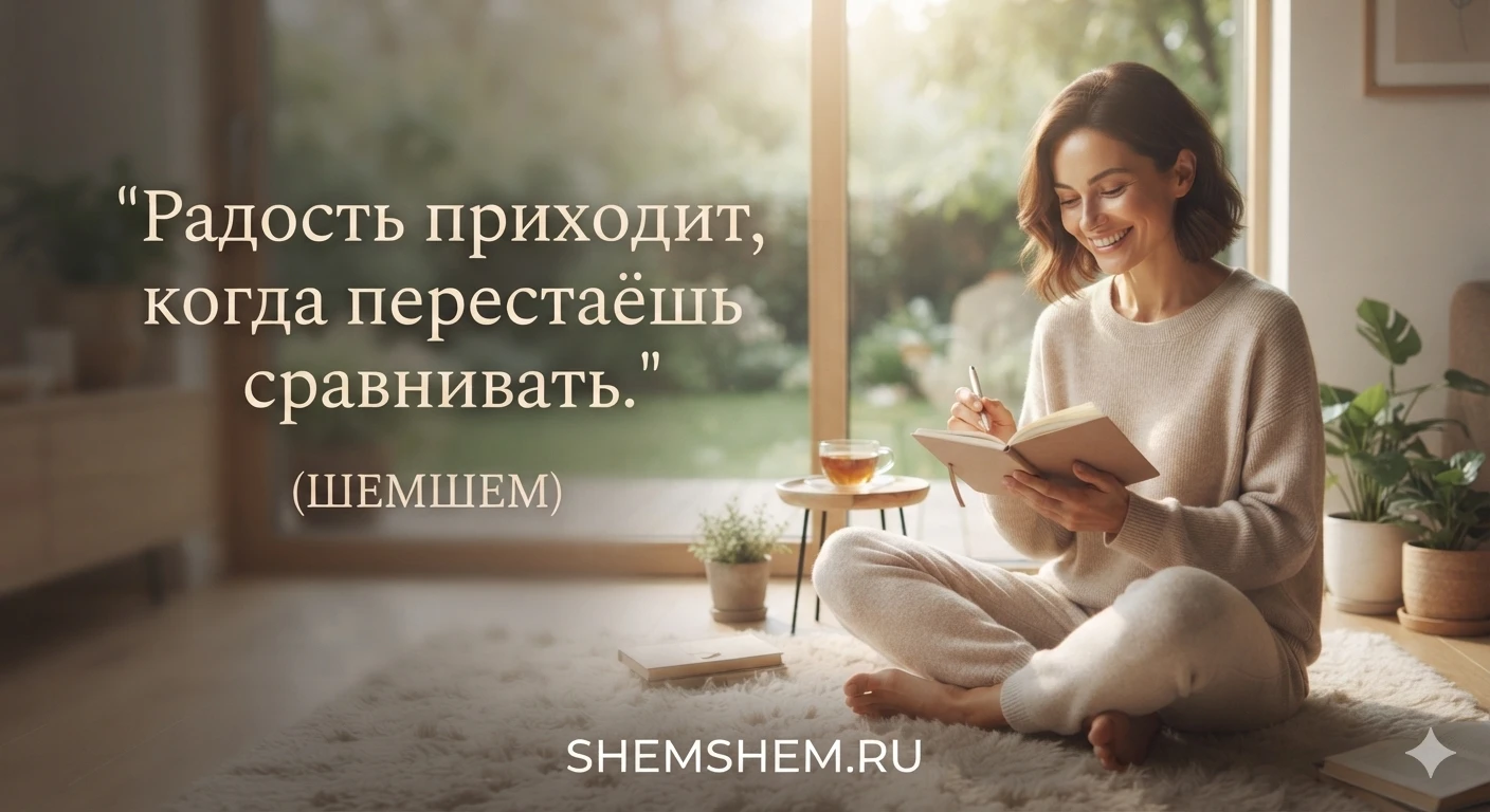 Улыбающаяся девушка сидит на полу в уютной комнате и делает записи в блокноте
