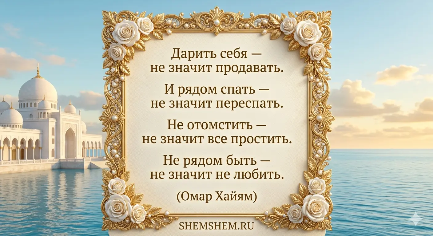 Подарочная открытка у моря с восточным дворцом, золотой рамкой с розами и стихами Омара Хайяма