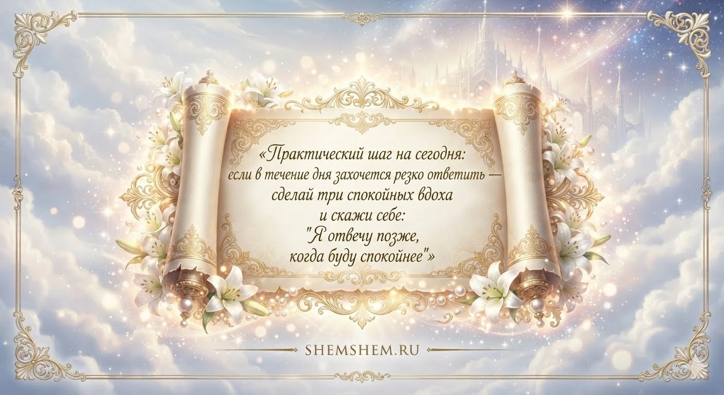 Светлая открытка со свитком, на котором написан психологический совет на день, в золотом оформлении с цветами