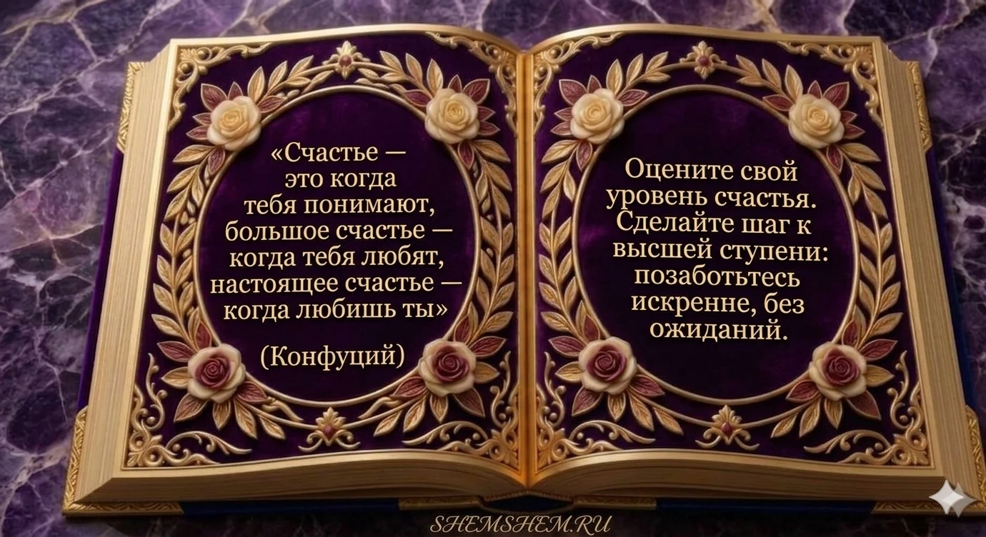 Книга мудрости с цитатой Конфуция о трех уровнях счастья