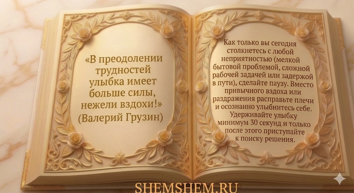 Раскрытая золотая книга с цитатой Валерия Грузина о силе улыбки и практическим советом