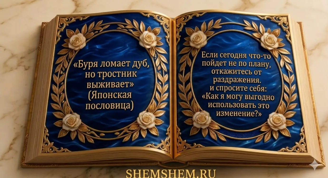 Раскрытая старинная книга с узорами и цветами, на левой странице которой написана японская пословица о силе гибкости, а на правой — практический совет на день