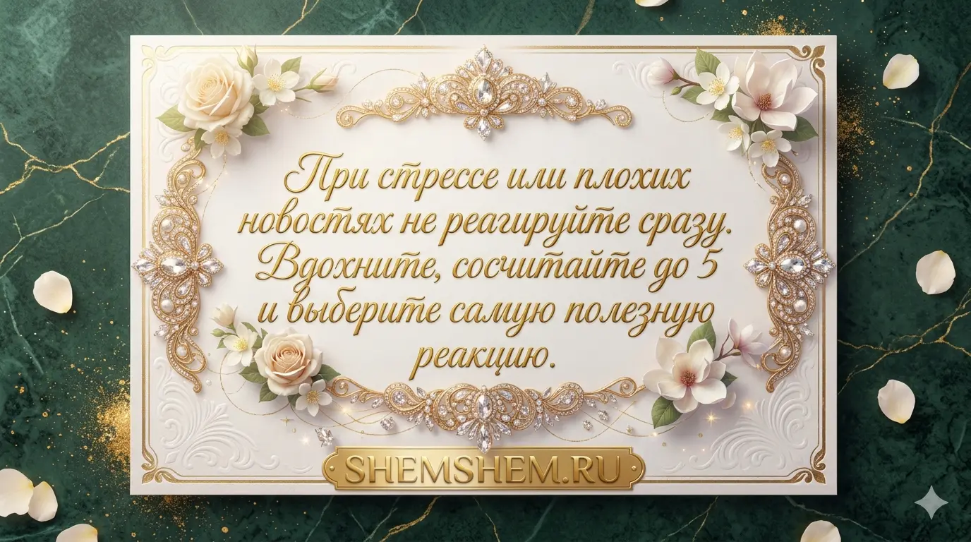 Открытка с золотым узором, цветами и надписью с мудрым советом
