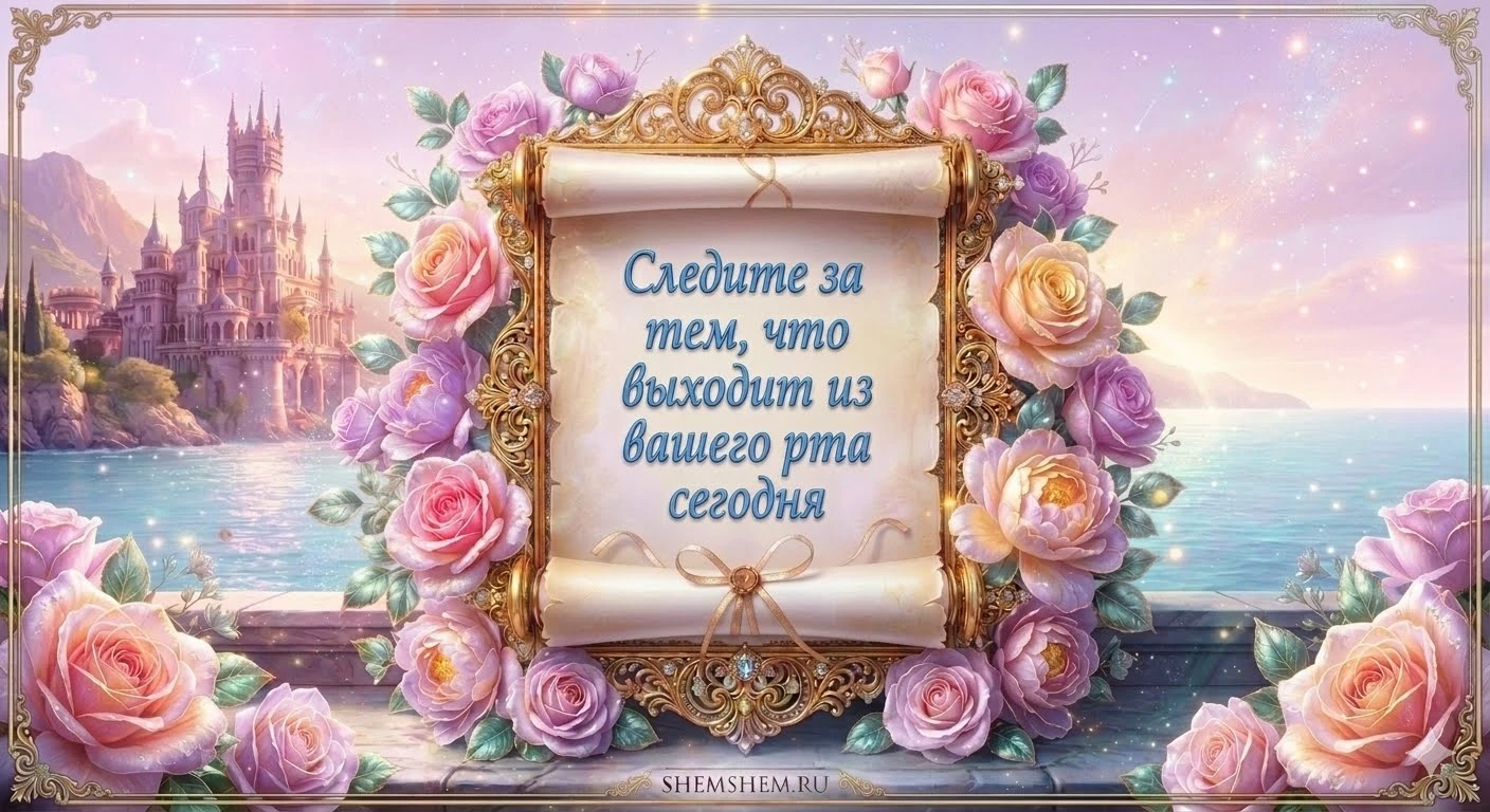 Светлая подарочная открытка в розово-сиреневых тонах со свитком, цветами и мотивирующей надписью на фоне замка у моря