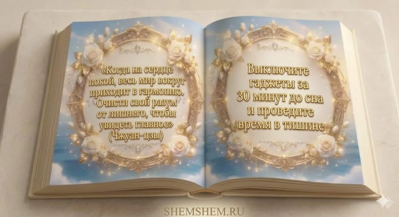 Открытая книга с мудрой цитатой Чжуан-цзы о покое и практическим советом о цифровом детоксе перед сном