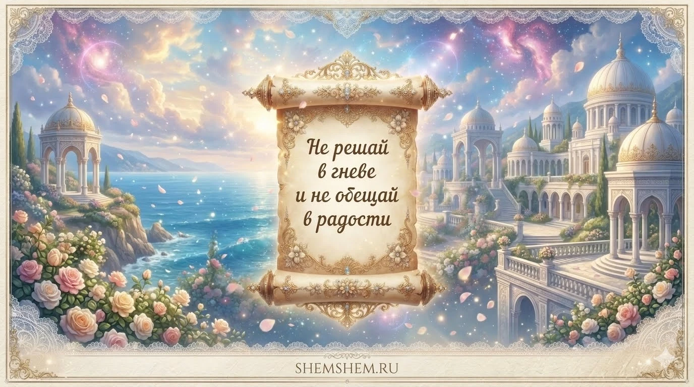 Мудрая цитата на старинном свитке в золотой оправе на фоне моря, неба и дворца