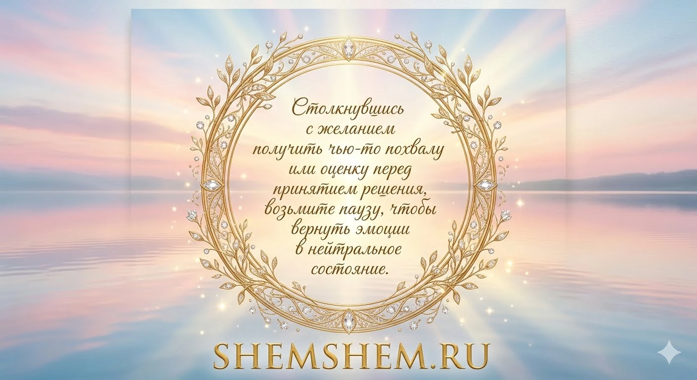 Светлая праздничная открытка с золотой оправой на фоне спокойного рассвета у озера, цитатой о паузе перед решением