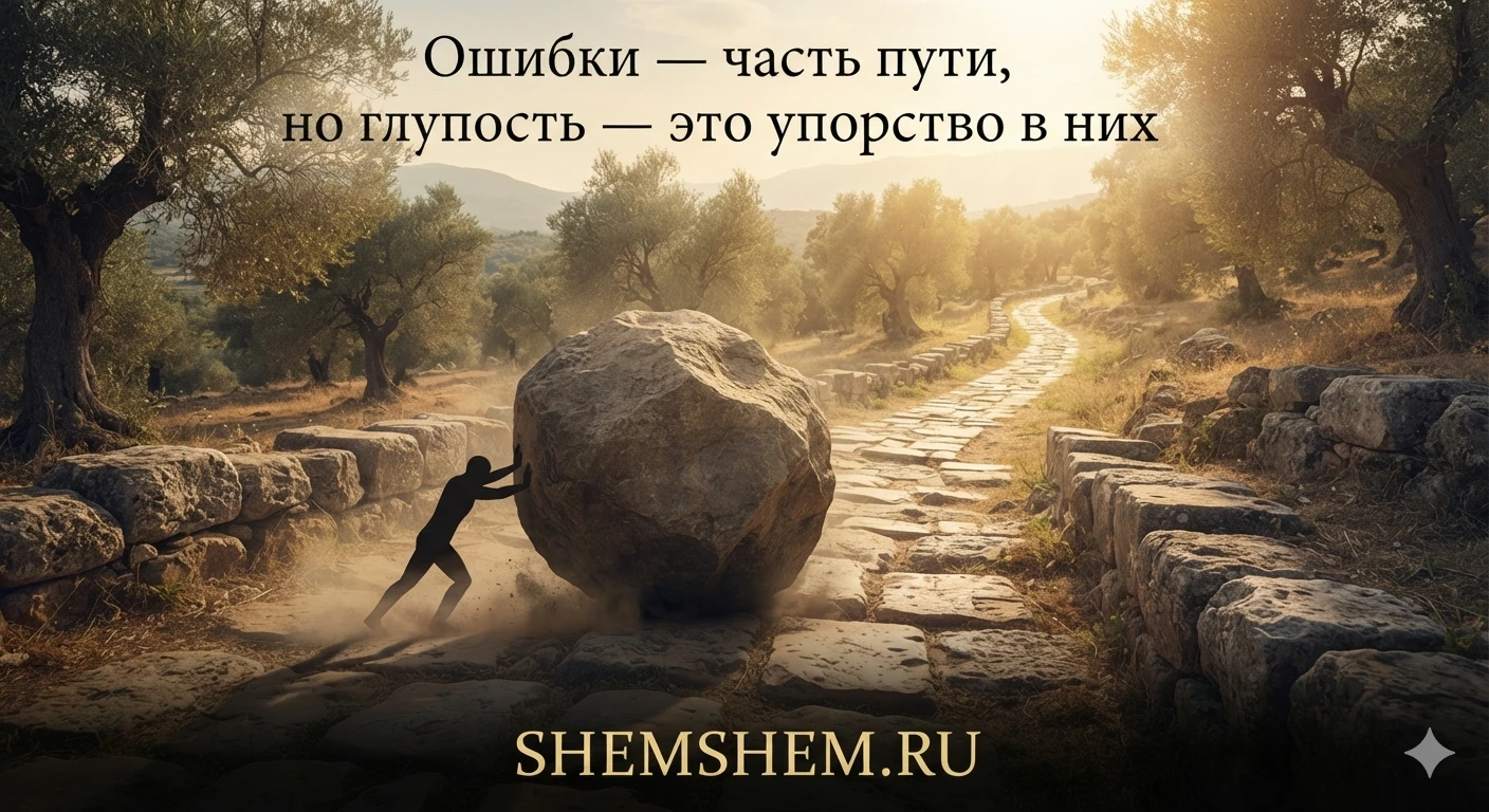 Силуэт человека, толкающего огромный круглый камень вверх по каменной дороге среди оливковых деревьев