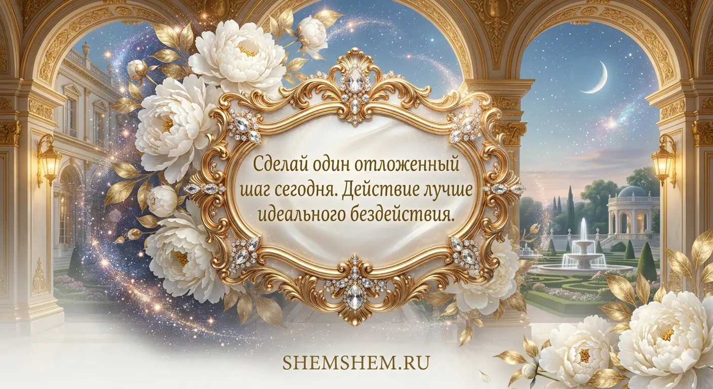 Роскошная светлая открытка с золотой рамкой, белыми пионами, цитатой о действии на фоне дворцового парка
