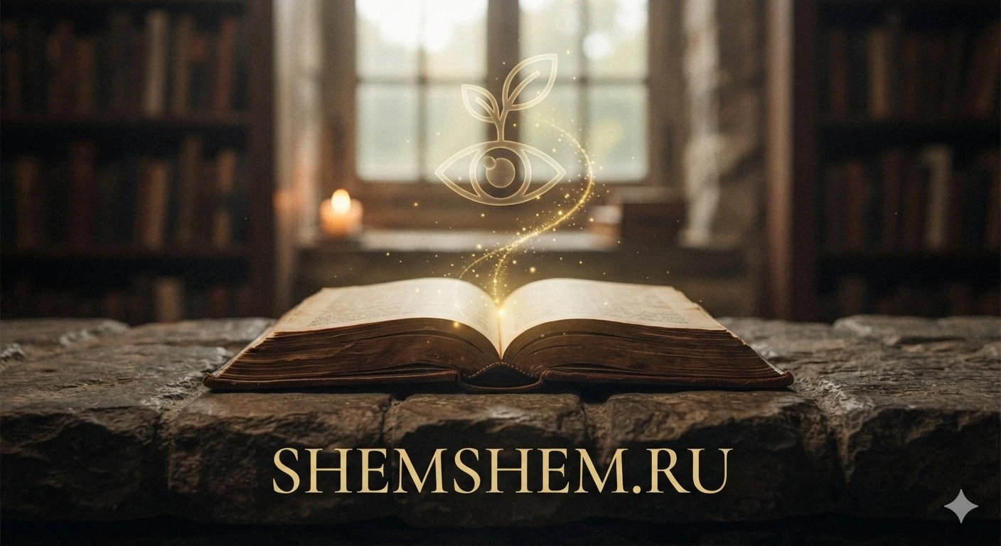 Открытая старинная книга на каменном столе в библиотеке, из которой исходит свечение в форме глаза с ростком