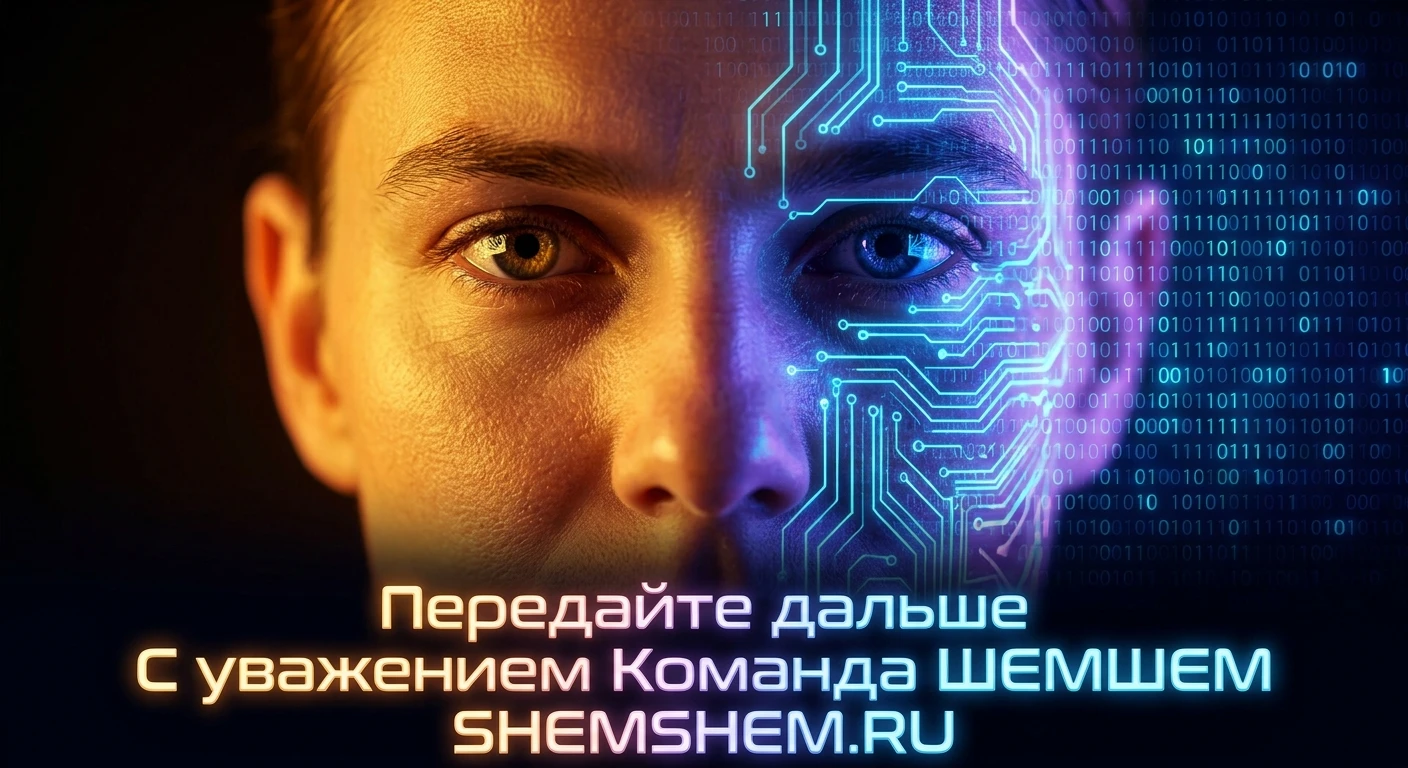 Концептуальный арт: слияние человеческого лица и цифрового кода нейросети в сине-фиолетовых тонах для статьи об искусственном интеллекте на сайте ШЕМШЕМ
