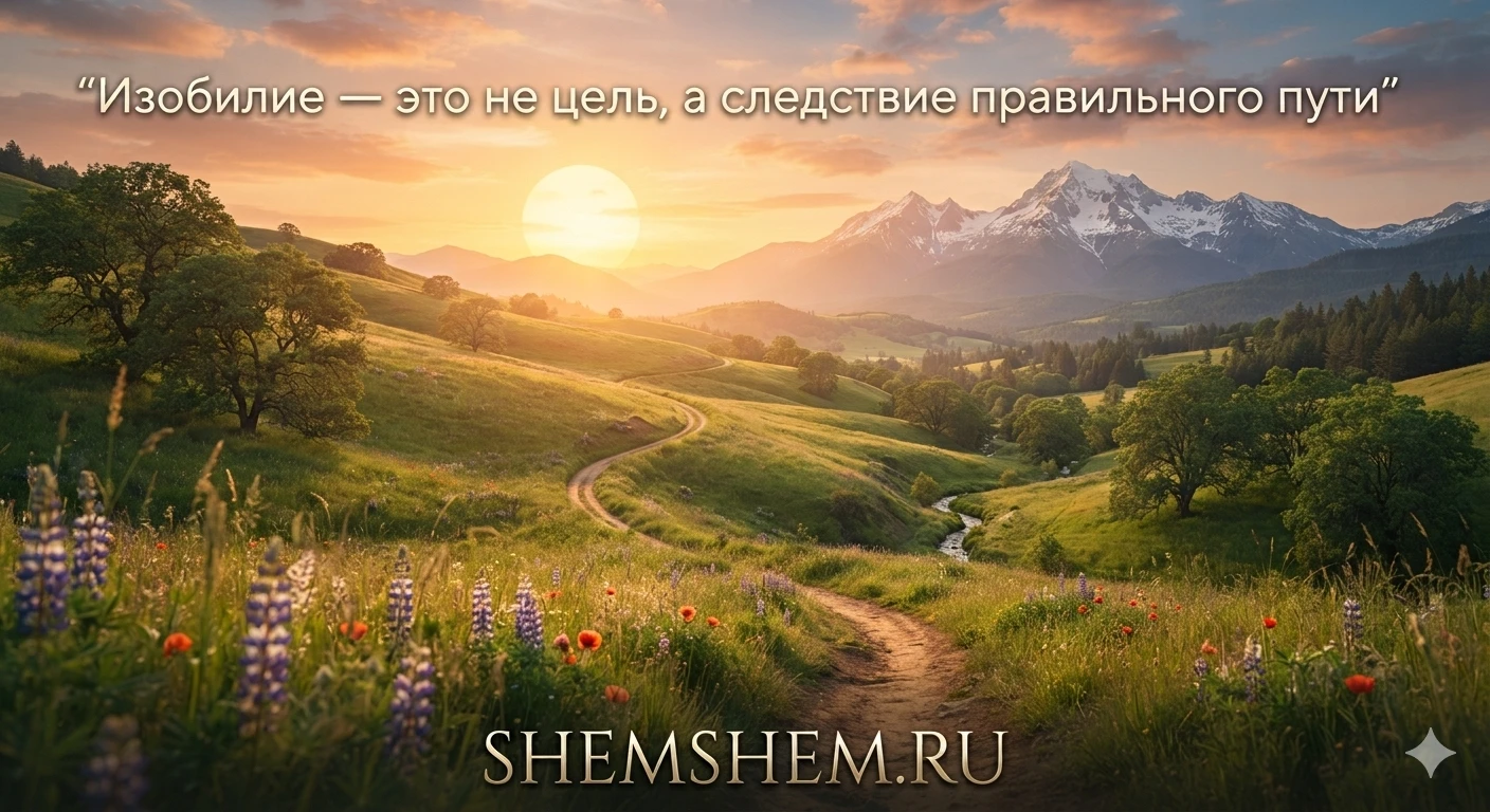 Живописная тропа, петляющая среди зеленых холмов и цветущих лугов к величественным заснеженным горам на фоне золотого заката