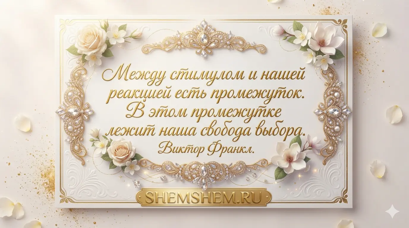 Изображение с цитатой Виктора Франкла на светлом декоративном фоне с белыми цветами и золотыми узорами