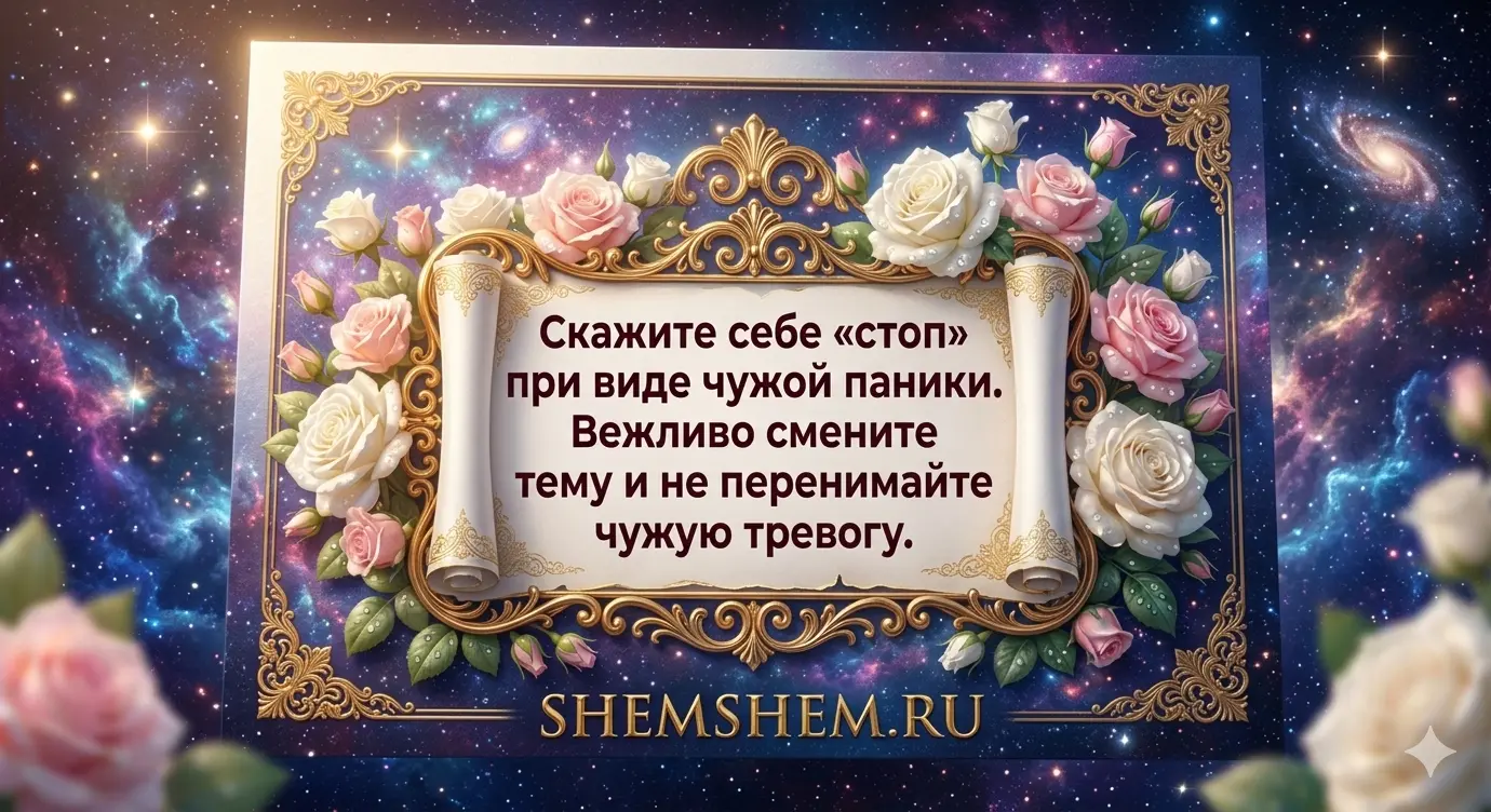 Роскошная открытка на фоне звездного неба с текстом на свитке против тревоги