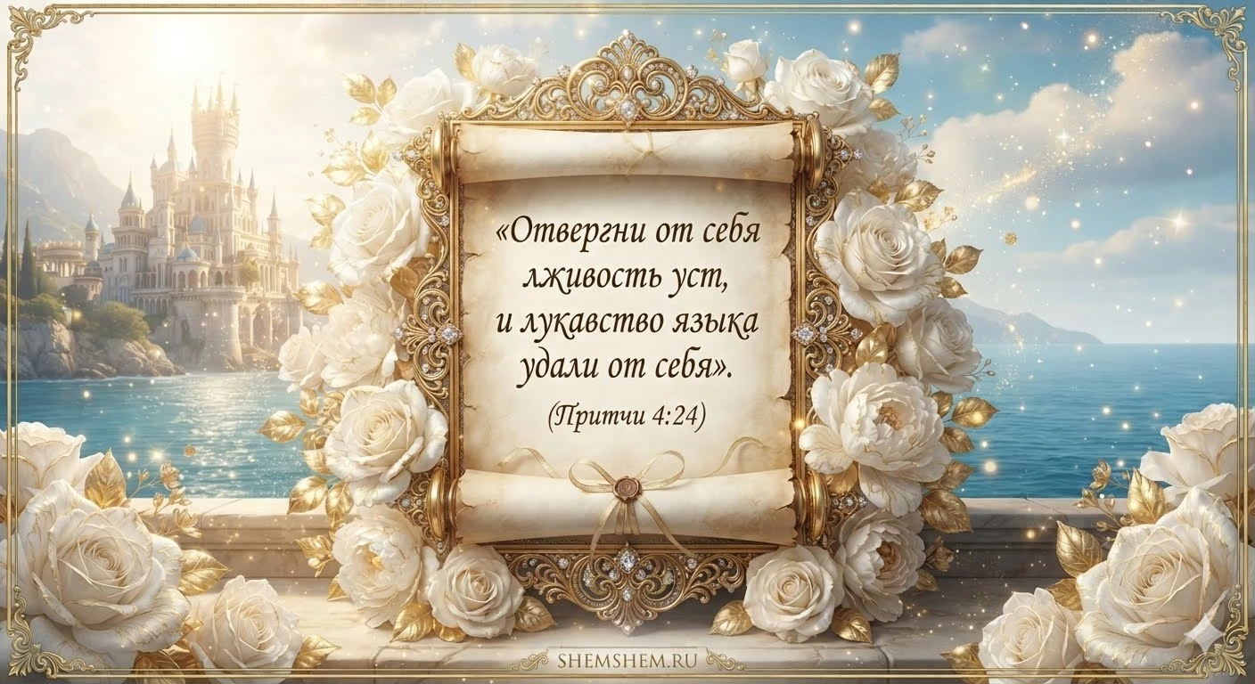 Светлая подарочная открытка с золотым свитком, белыми розами и цитатой из Притч на фоне сказочного дворца у моря