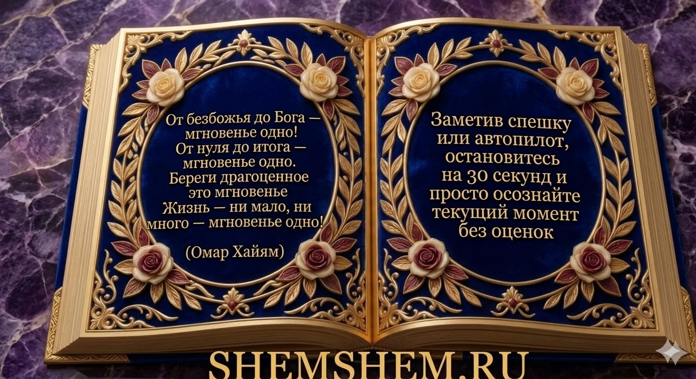 Развернутая книга с синей бархатной обложкой, золотыми узорами и розами, содержащая цитату Омара Хайяма о сути мгновения