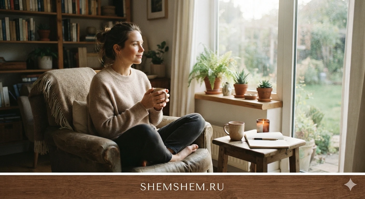 Молодая женщина сидит в кресле с чашкой чая, улыбается и смотрит в окно на сад, создавая атмосферу умиротворения и домашнего уюта