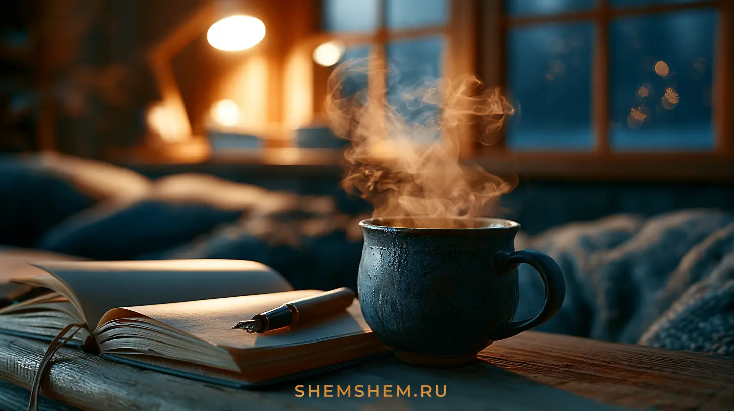 Уютная вечерняя комната с открытым блокнотом и чашкой чая для рубрики Мудрость дня