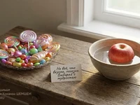 Сравнение ярких сладостей и простых свежих продуктов