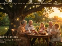 Семья за чаепитием в золотистых лучах заката