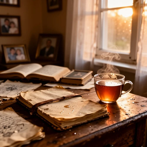 Дневник и чашка чая у окна в лучах заката