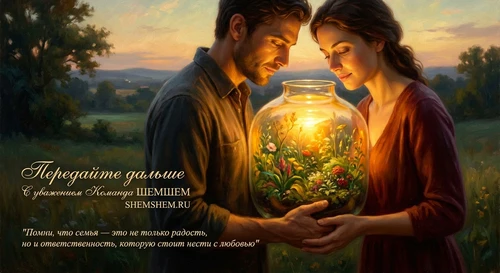 Семья бережно поддерживает сияющий сосуд с садом