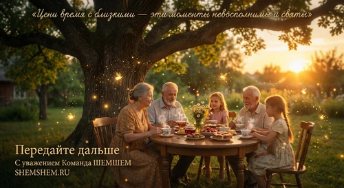 Семья за чаепитием в золотистых лучах заката