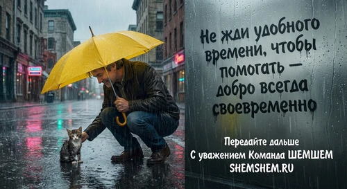 Человек с зонтом спасает котенка в дождь