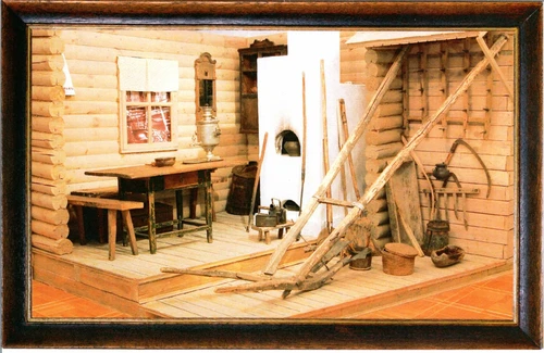 Открытка: Интерьер - "Изба с подворьем крестьянина-середняка&quot