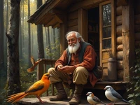 Старик сидит на крыльце деревянного дома в лесу, окружённый птицами