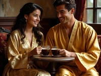 Мужчина и женщина в золотистых одеждах за столом наслаждаются кофе