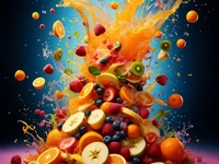 Яркие цвета: сочные фрукты разлетаются в разные стороны