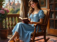 Девушка в голубом платье читает книгу на террасе, рядом рыжий кот