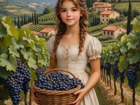 Девушка в светлом платье собирает виноград в итальянском винограднике