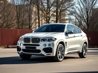 BMW X6 крупным планом на фоне деревьев и зданий