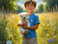 Маленький улыбающийся мальчик с собачкой в руках в поле