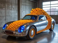 Автомобиль покрытый апельсинами