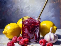 Натюрморт с малиновым вареньем, лимонами и чесноком
